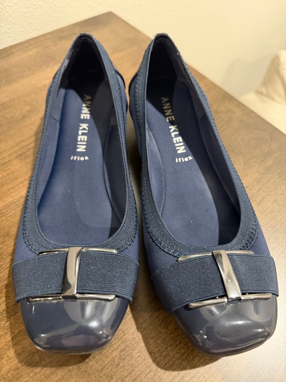 Anne Klein Navy Patent Toe Ballet Flats with Silver Bow Accent